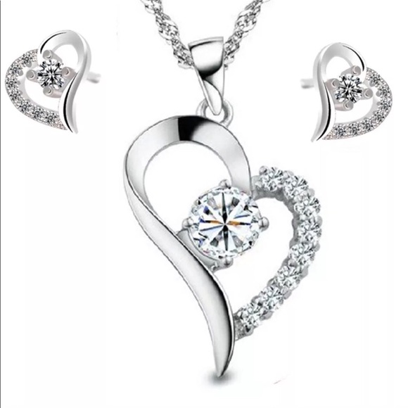 925 Silver Crystal Heart Pendant Necklace&Earrings